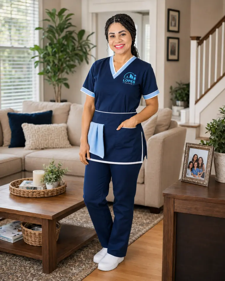 Marilene Lopes, founder of Lopes Cleaning, wearing the company uniform