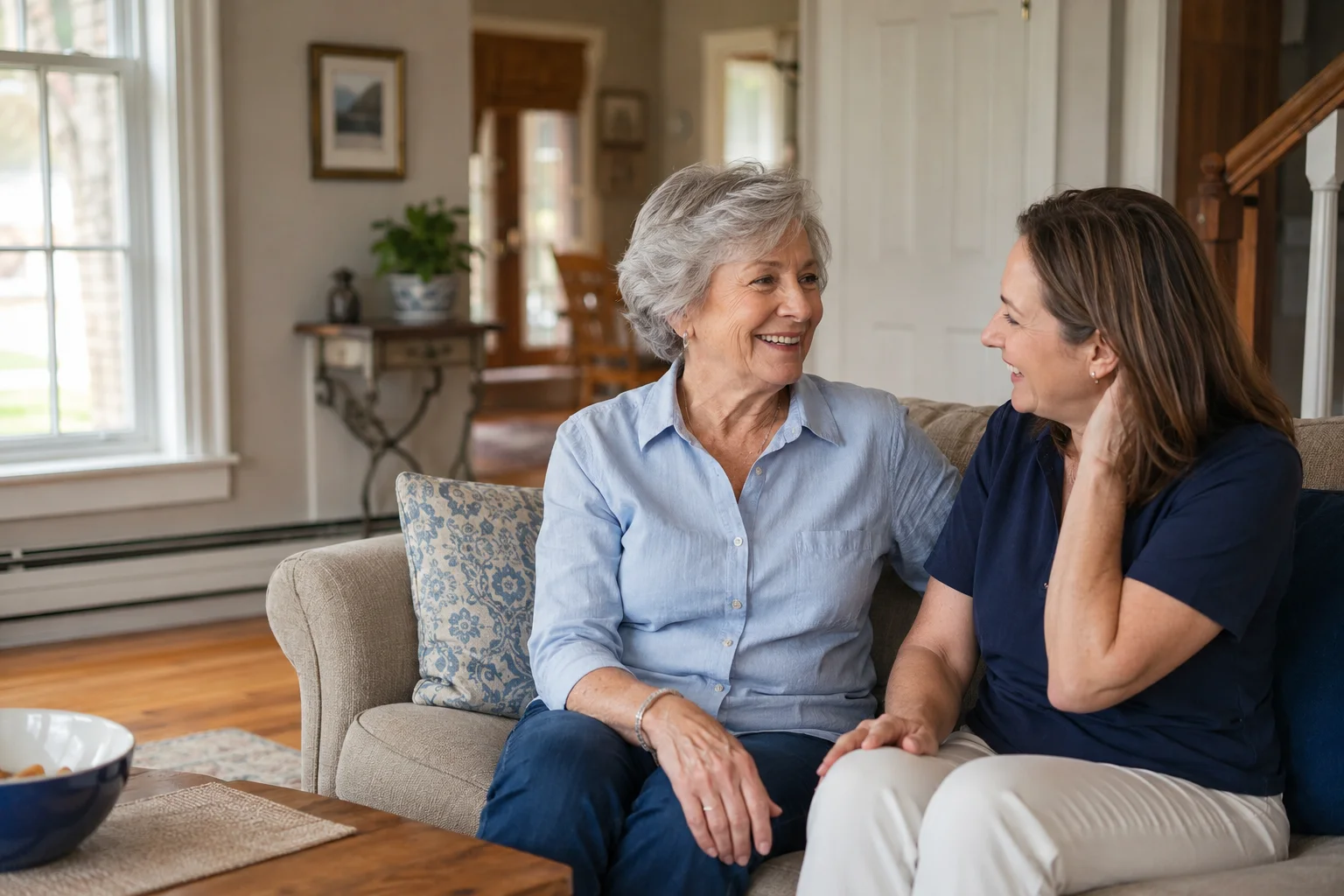 An older woman and her adult daughter enjoying time together in a bright, freshly cleaned living room